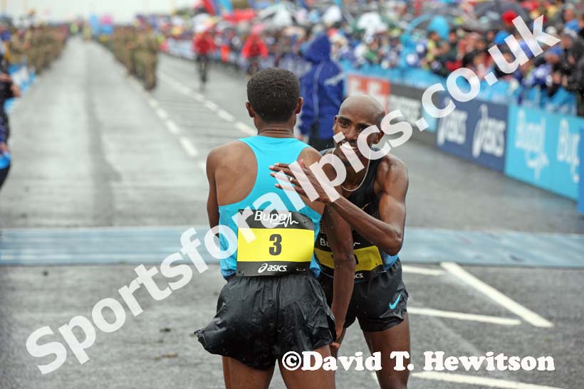 Mo Farah congratulates Kenenisa Bekele after winning the BUPA Great North Run.